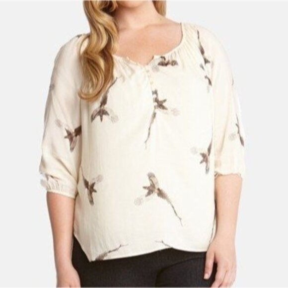 Karen Kane 1X Ivory Bird Print Peasant Blouse 3/4 Sleeve Flowy Boho Top - Picture 9 of 9